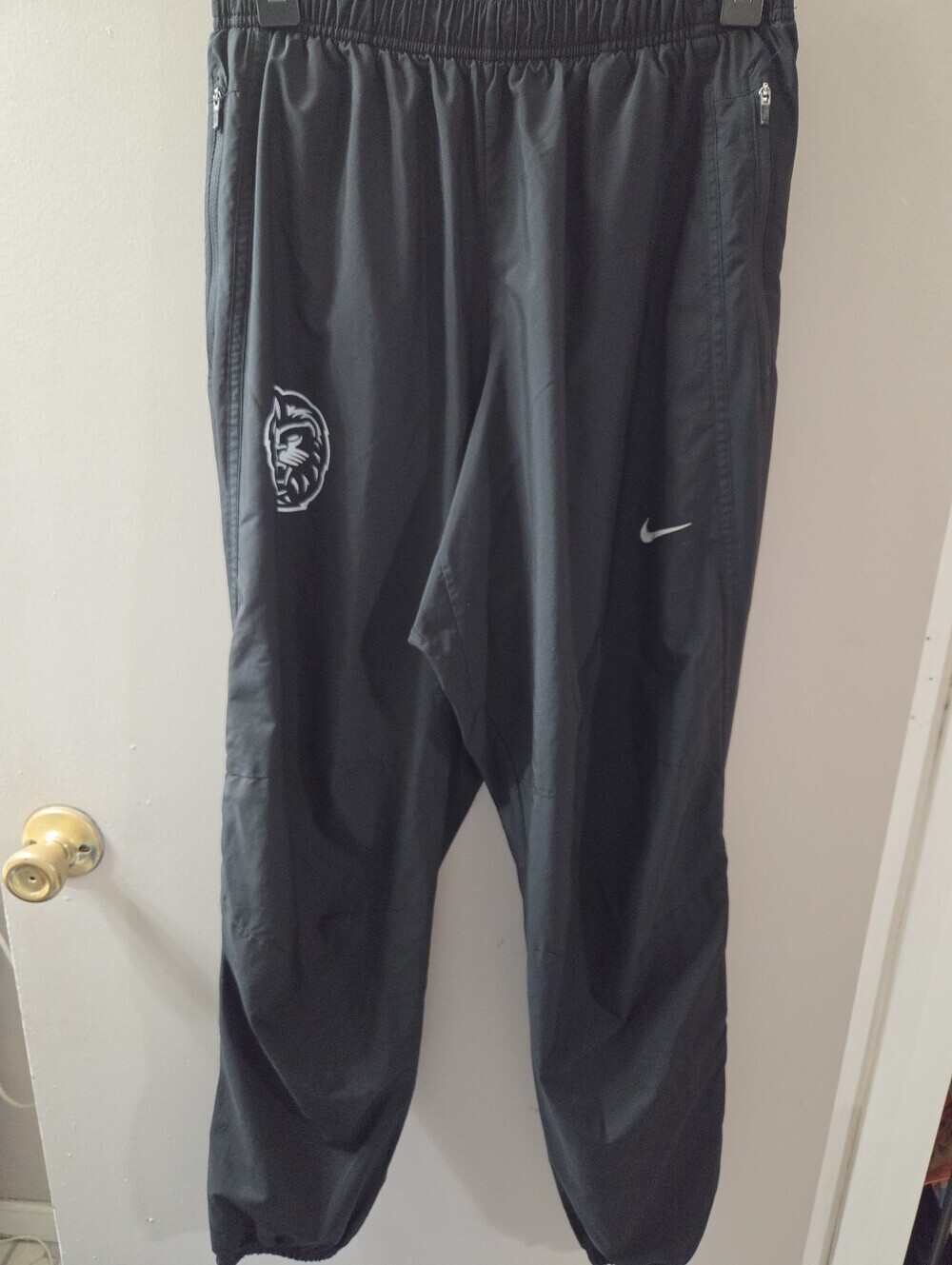 Nike Nylon Black Track Pants with White Swoosh and Lion Logo. Sz L